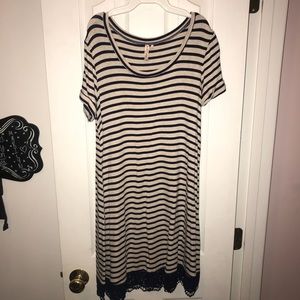 Navy Striped Dress with Lace Hem